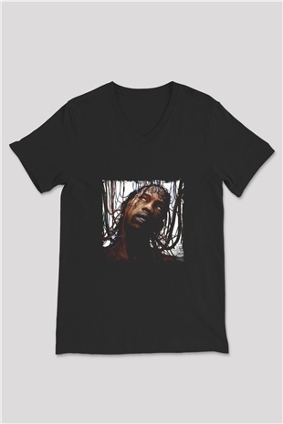 Travis Scott Baskılı Unisex Siyah V Yaka Tişört