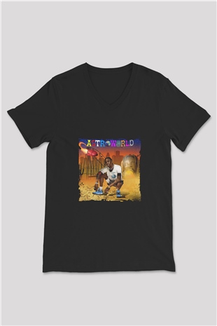 Travis Scott Baskılı Unisex Siyah V Yaka Tişört