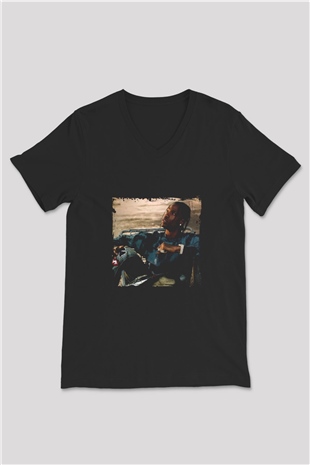 Travis Scott Baskılı Unisex Siyah V Yaka Tişört