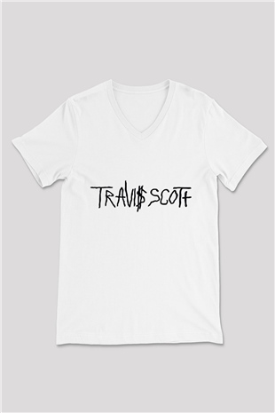 Travis Scott Beyaz Unisex V Yaka Tişört T-Shirt