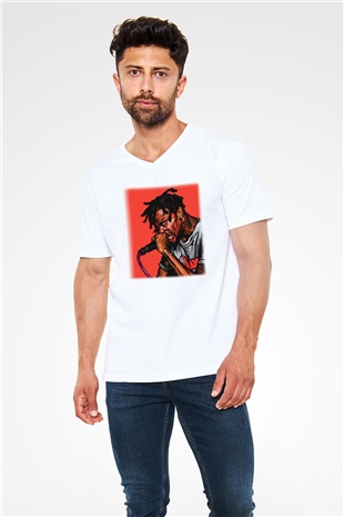 Travis Scott Beyaz Unisex V Yaka Tişört T-Shirt
