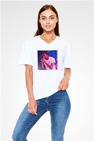 Travis Scott Beyaz Unisex V Yaka Tişört T-Shirt
