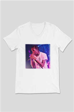 Travis Scott Beyaz Unisex V Yaka Tişört T-Shirt