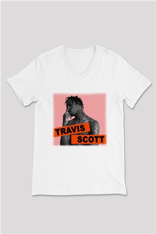 Travis Scott Beyaz Unisex V Yaka Tişört T-Shirt
