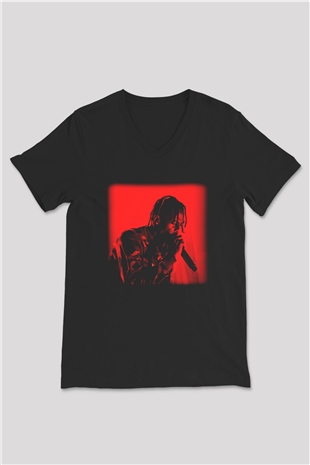 Travis Scott Siyah Unisex V Yaka Tişört T-Shirt