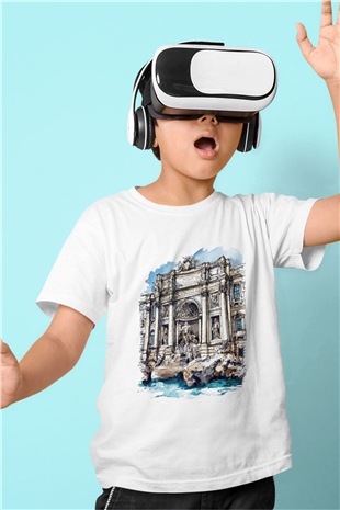 Trevi Çeşmesi Baskılı Beyaz Unisex Çocuk Tişört