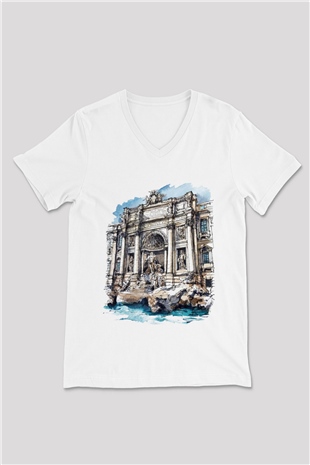 Trevi Çeşmesi Beyaz Unisex V Yaka Tişört T-Shirt