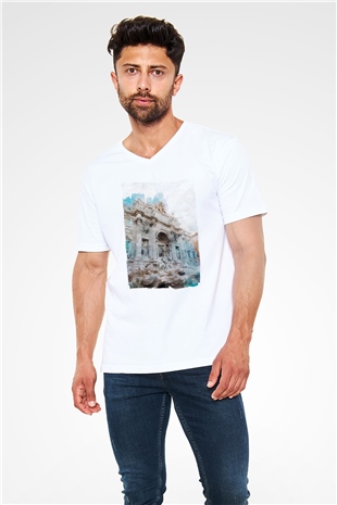 Trevi Çeşmesi Beyaz Unisex V Yaka Tişört