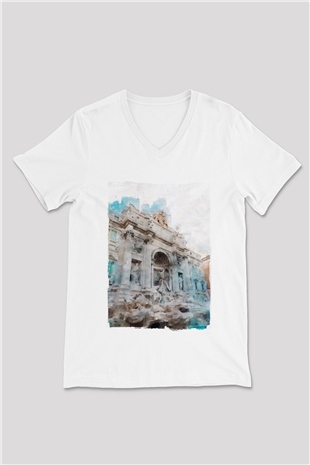 Trevi Çeşmesi Beyaz Unisex V Yaka Tişört