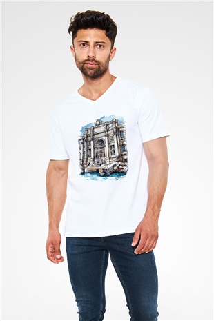 Trevi Çeşmesi Beyaz Unisex V Yaka Tişört T-Shirt