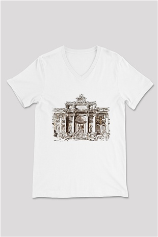 Trevi Çeşmesi Beyaz Unisex V Yaka Tişört T-Shirt