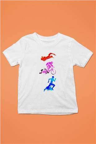 Triathlon Baskılı Unisex Beyaz Çocuk Tişört - Tshirt