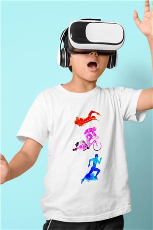 Triathlon Baskılı Unisex Beyaz Çocuk Tişört - Tshirt