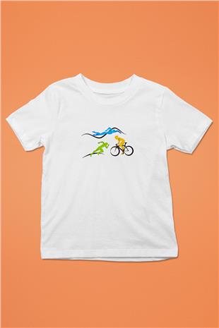 Triathlon Baskılı Unisex Beyaz Çocuk Tişört - Tshirt
