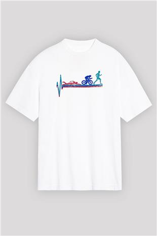 Triathlon Baskılı Unisex Beyaz Oversize Tişört - Tshirt