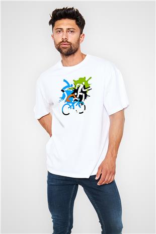 Triathlon Baskılı Unisex Beyaz Oversize Tişört - Tshirt