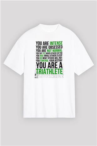 Triathlon Baskılı Unisex Beyaz Oversize Tişört - Tshirt