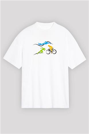 Triathlon Baskılı Unisex Beyaz Oversize Tişört - Tshirt