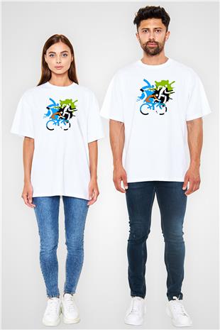 Triathlon Baskılı Unisex Beyaz Oversize Tişört - Tshirt