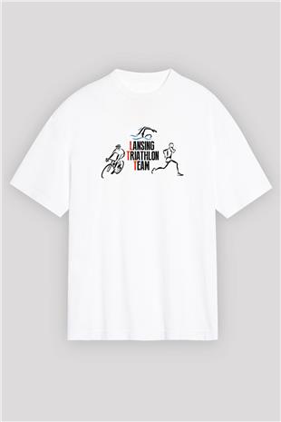Triathlon Baskılı Unisex Beyaz Oversize Tişört - Tshirt