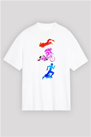 Triathlon Baskılı Unisex Beyaz Oversize Tişört - Tshirt