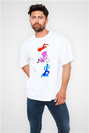 Triathlon Baskılı Unisex Beyaz Oversize Tişört - Tshirt