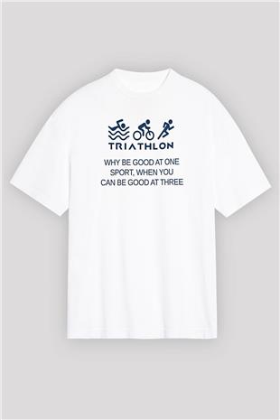 Triathlon Baskılı Unisex Beyaz Oversize Tişört - Tshirt