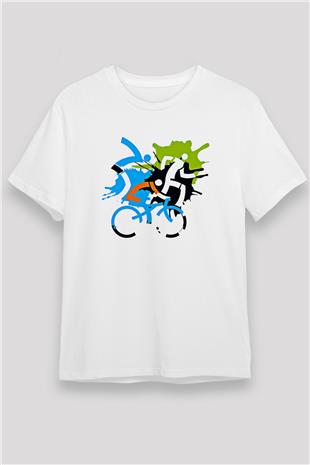 Triathlon Baskılı Unisex Beyaz Tişört - Tshirt