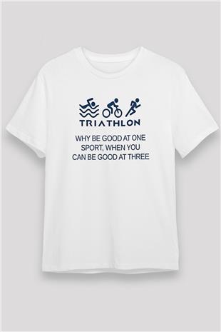 Triathlon Baskılı Unisex Beyaz Tişört - Tshirt