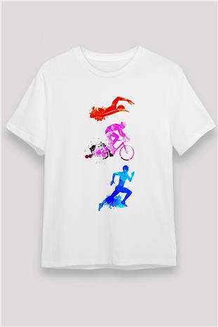 Triathlon Baskılı Unisex Beyaz Tişört - Tshirt