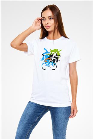 Triathlon Baskılı Unisex Beyaz Tişört - Tshirt