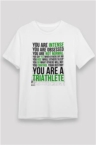 Triathlon Baskılı Unisex Beyaz Tişört - Tshirt