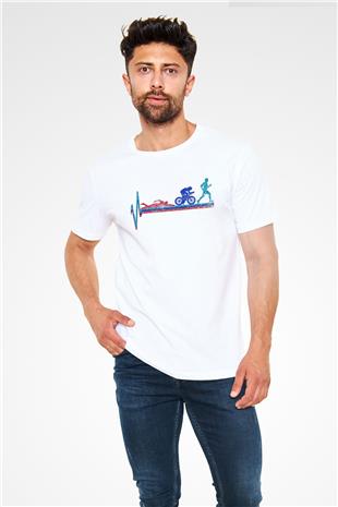 Triathlon Baskılı Unisex Beyaz Tişört - Tshirt