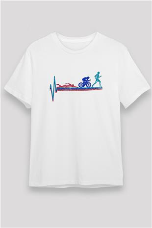 Triathlon Baskılı Unisex Beyaz Tişört - Tshirt