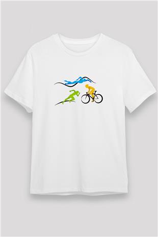 Triathlon Baskılı Unisex Beyaz Tişört - Tshirt