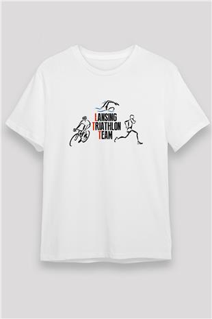 Triathlon Baskılı Unisex Beyaz Tişört - Tshirt