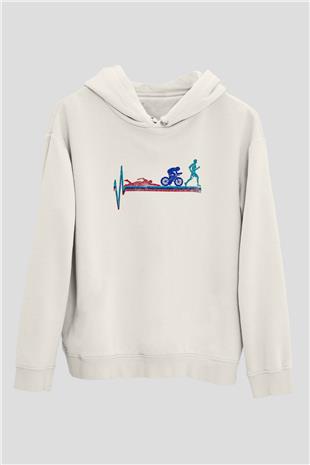 Triathlon Baskılı Unisex Ekru Hoodie