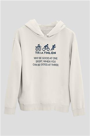 Triathlon Baskılı Unisex Ekru Hoodie