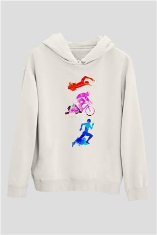 Triathlon Baskılı Unisex Ekru Hoodie