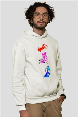 Triathlon Baskılı Unisex Ekru Hoodie