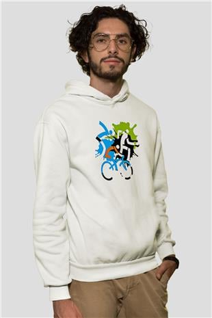 Triathlon Baskılı Unisex Ekru Hoodie