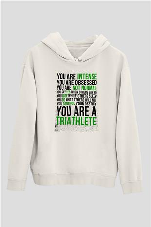 Triathlon Baskılı Unisex Ekru Hoodie