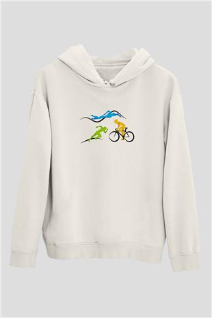Triathlon Baskılı Unisex Ekru Hoodie