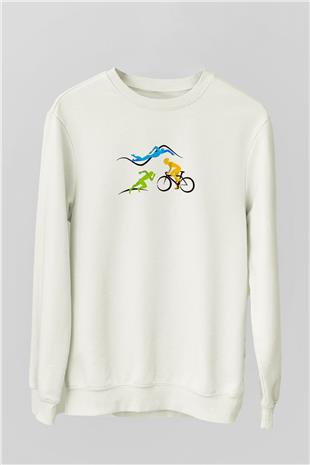 Triathlon Baskılı Unisex Ekru Sweatshirt