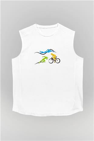 Triathlon Baskılı Unisex Kolsuz Beyaz Tişört