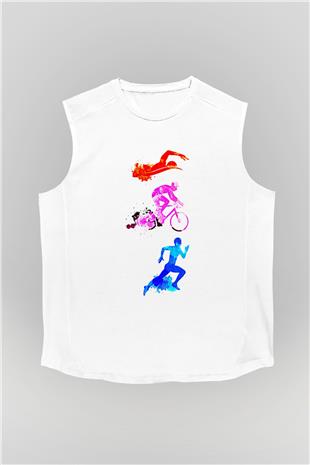 Triathlon Baskılı Unisex Kolsuz Beyaz Tişört