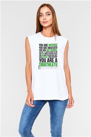 Triathlon Baskılı Unisex Kolsuz Beyaz Tişört