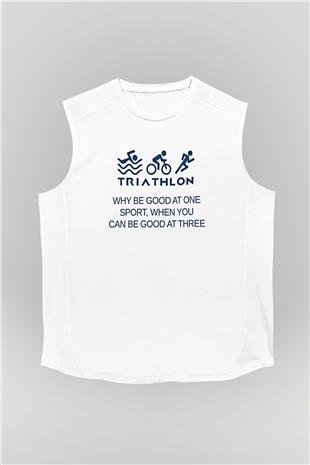 Triathlon Baskılı Unisex Kolsuz Beyaz Tişört