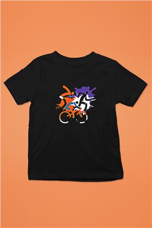 Triathlon Baskılı Unisex Siyah Çocuk Tİşörtü - Tshirt