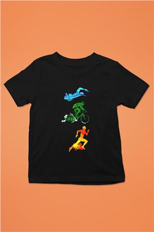 Triathlon Baskılı Unisex Siyah Çocuk Tİşörtü - Tshirt